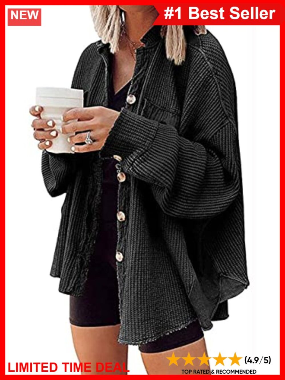 Oversized Waffle Knit Shacket Button Down Long Sleeve Tunic Shirt Jacket